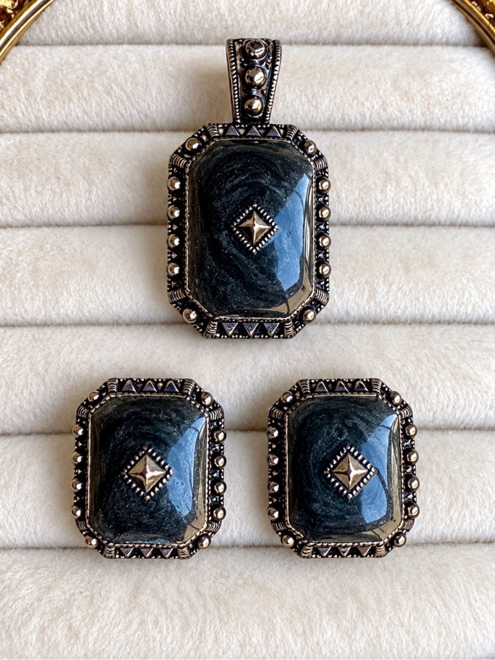 MX Signed Black Cabochon & Marcasite Pendant and Earrings 3-Piece Suite